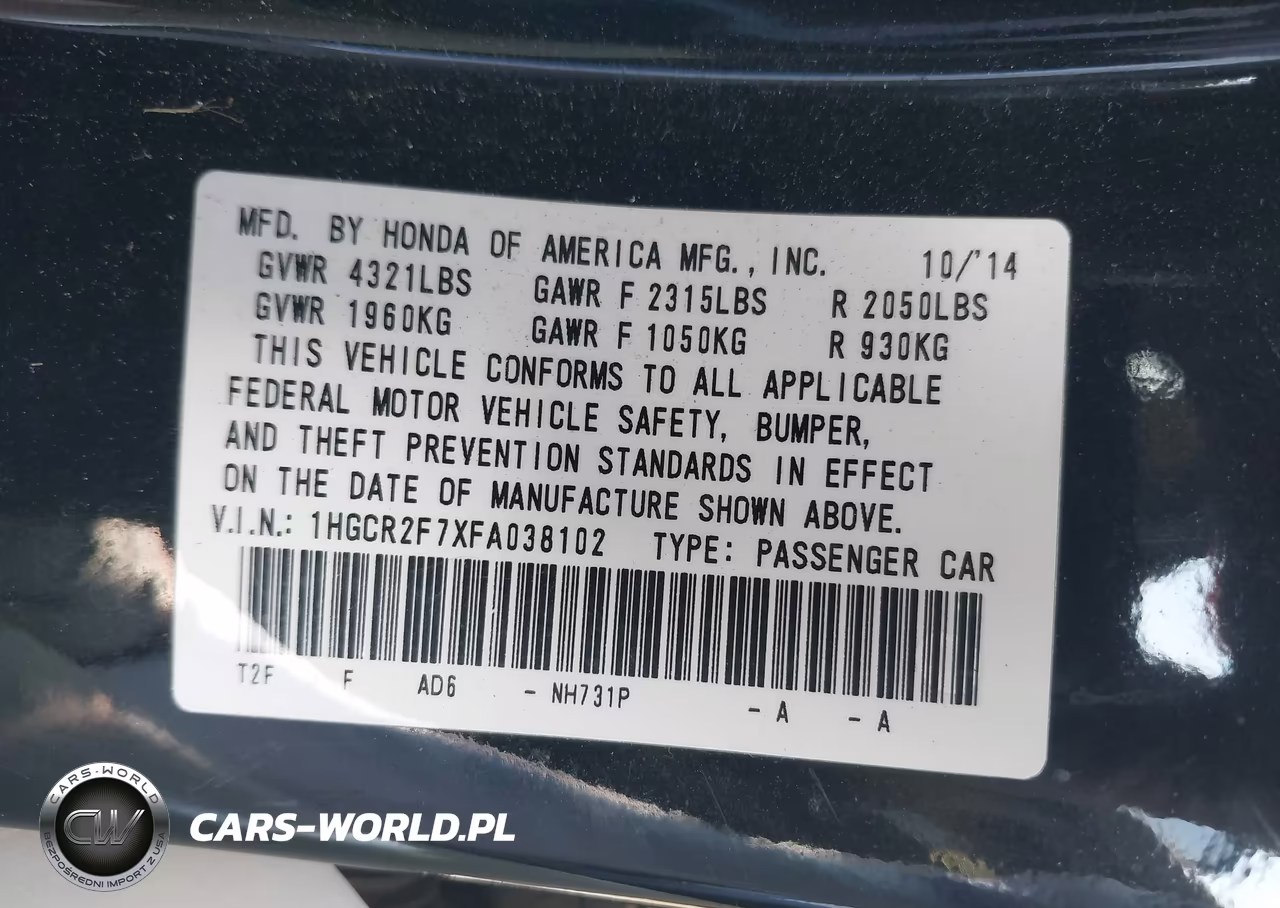 2015 Honda Accord Ex VIN:1HGCR2F7XFA038102 - 9