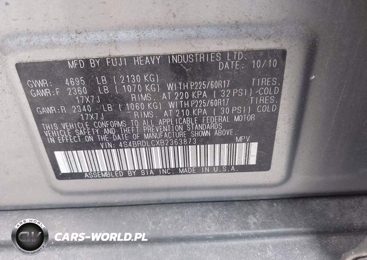 2011 Subaru Outback 3.6R Limited VIN:4S4BRDLCXB2363873 - 9