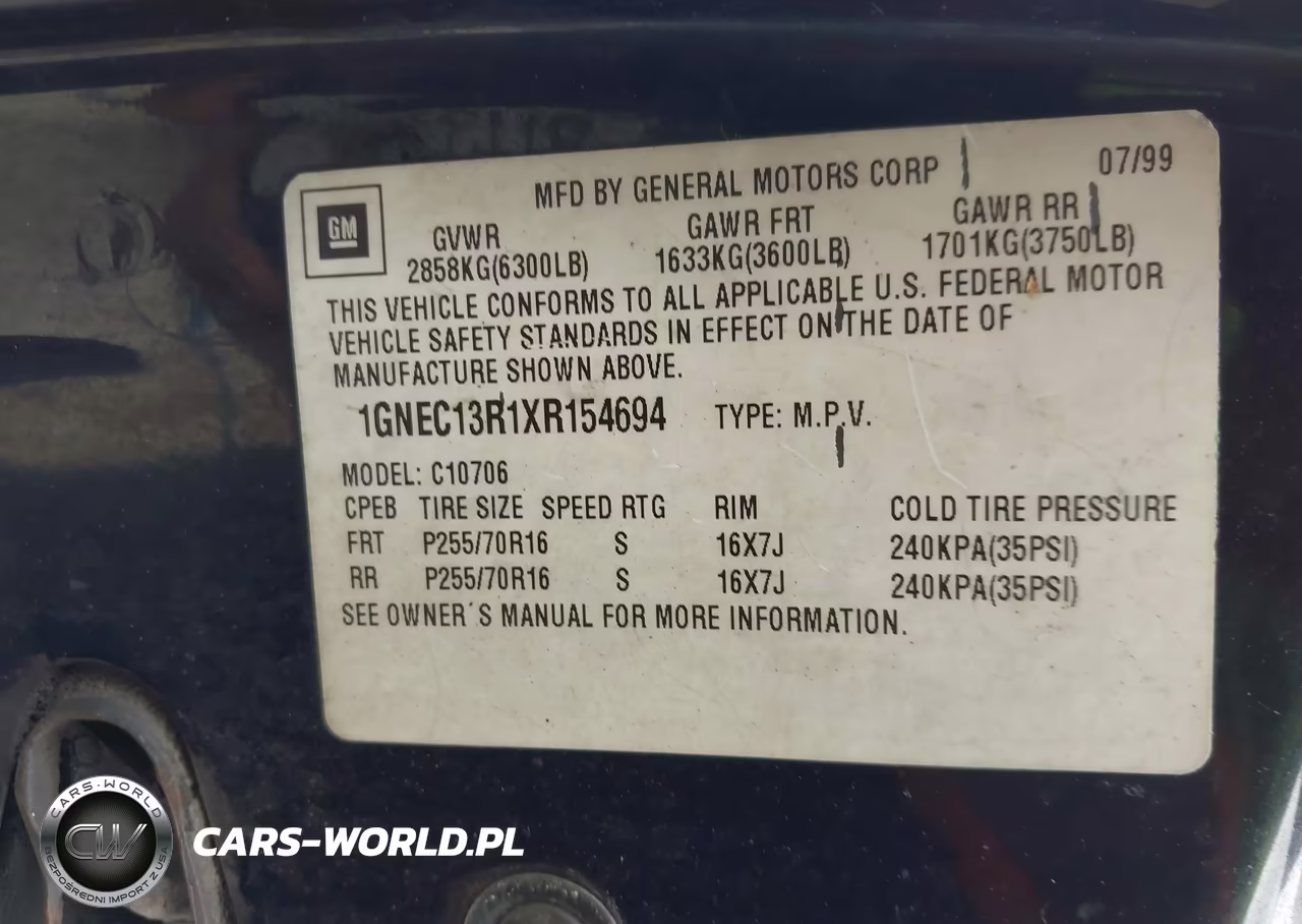 1999 Chevrolet Tahoe VIN:1GNEC13R1XR154694 - 9