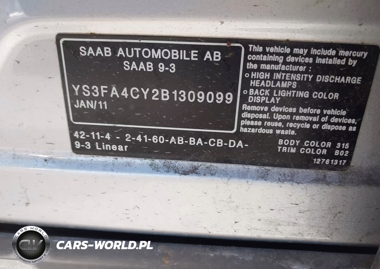 2011 Saab 9-3 Turbo4 VIN:YS3FA4CY2B1309099 - 9