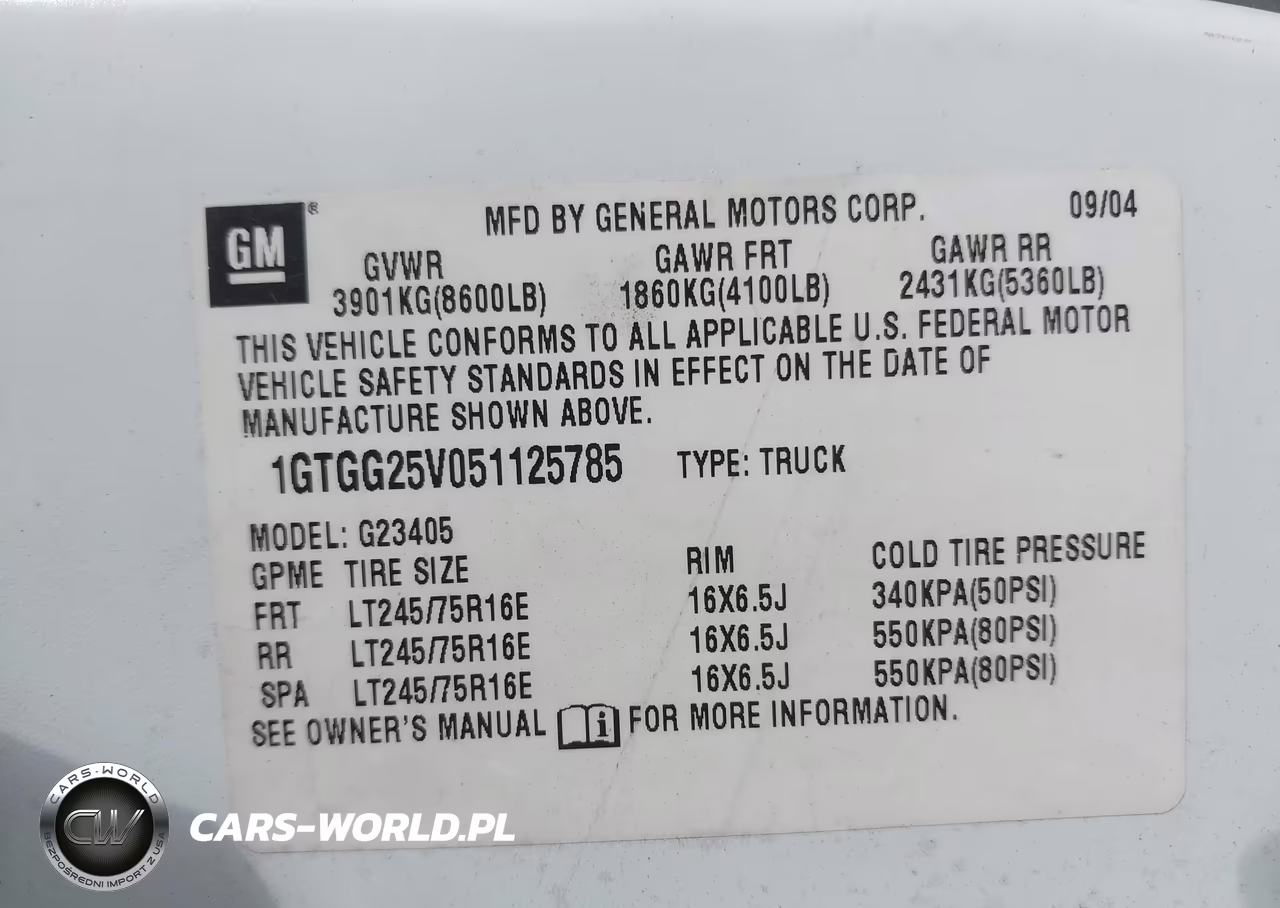 2005 GMC Savana Standard VIN:1GTGG25V051125785 - 9