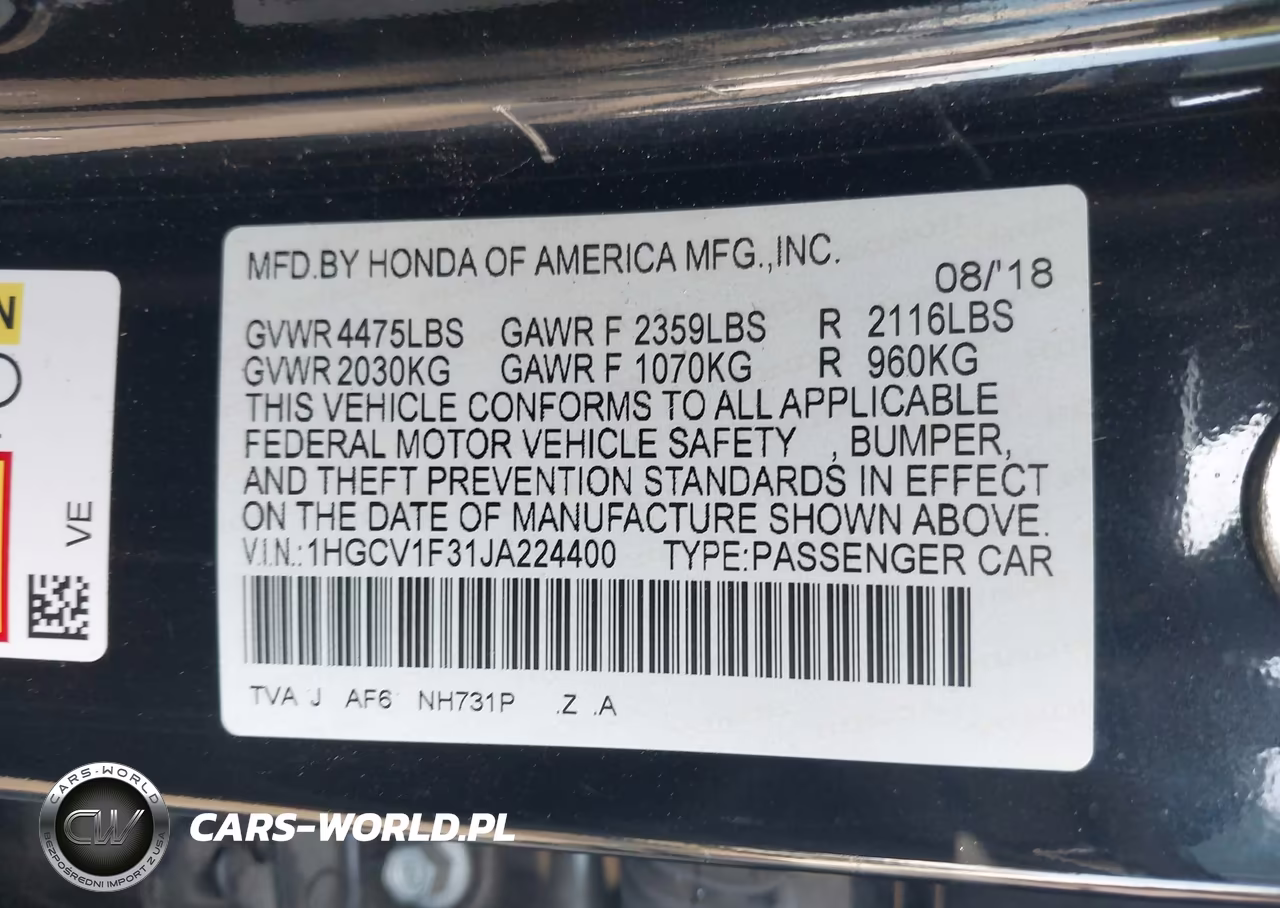 2018 Honda Accord Sport VIN:1HGCV1F31JA224400 - 9