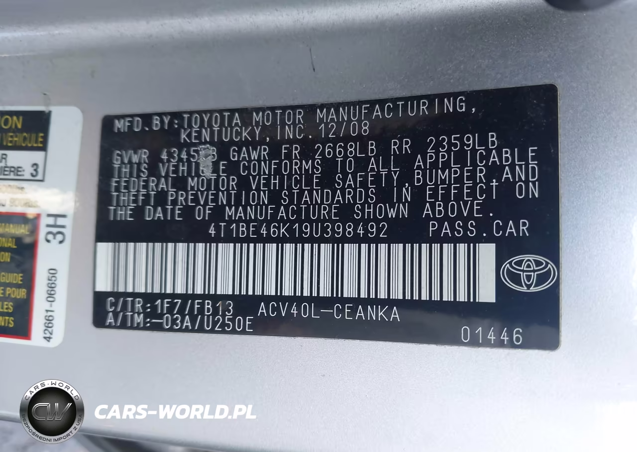 2009 Toyota Camry Le VIN:4T1BE46K19U398492 - 9