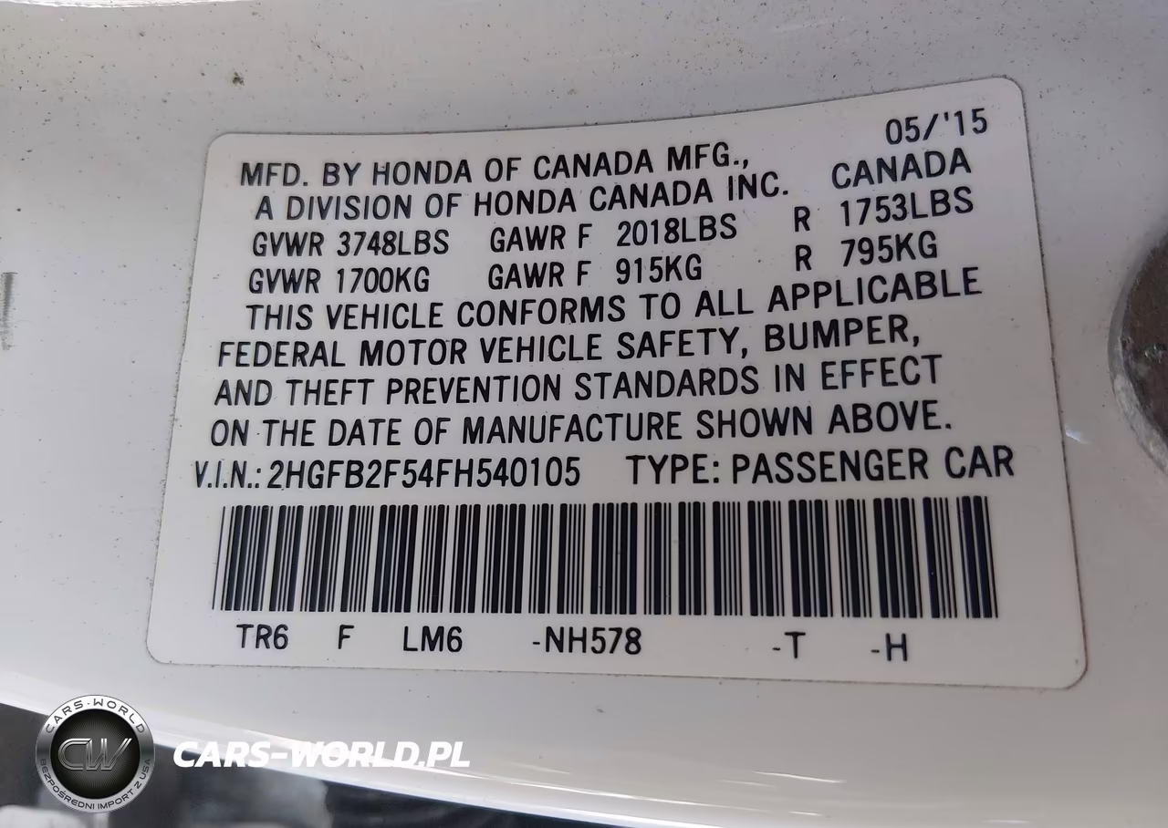 2015 Honda Civic Lx VIN:2HGFB2F54FH540105 - 9