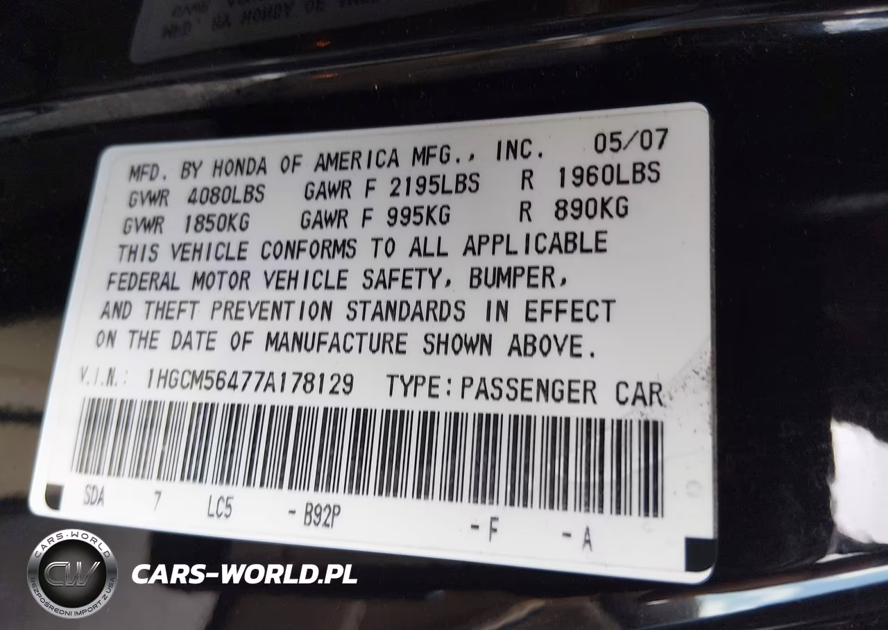 2007 Honda Accord 2.4 Lx VIN:1HGCM56477A178129 - 9
