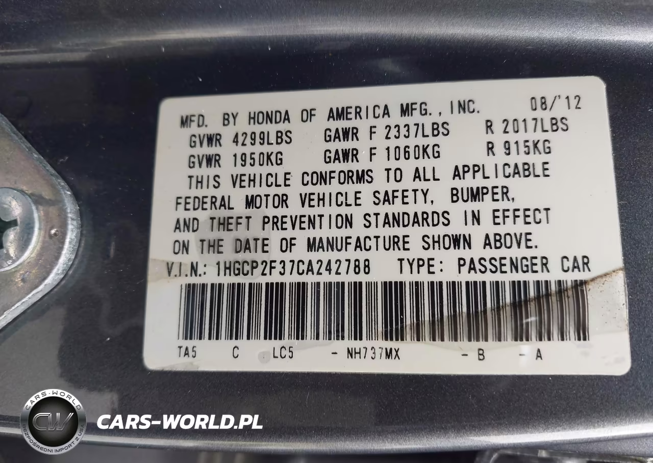 2012 Honda Accord 2.4 Lx VIN:1HGCP2F37CA242788 - 9