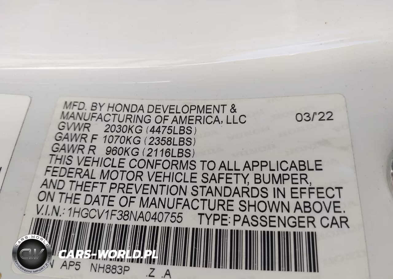 2022 Honda Accord Sport VIN:1HGCV1F38NA040755 - 9