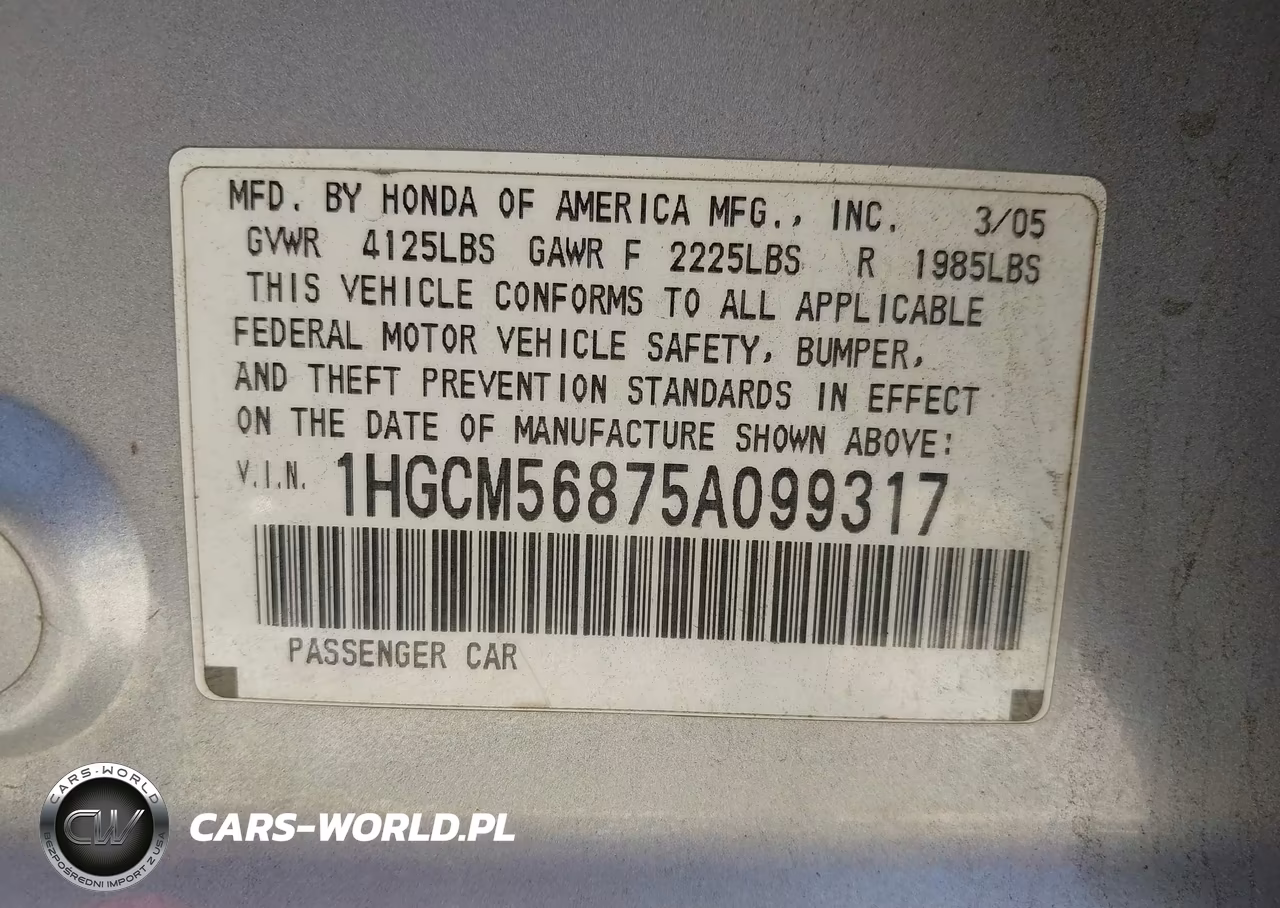 2005 Honda Accord 2.4 Ex VIN:1HGCM56875A099317 - 9
