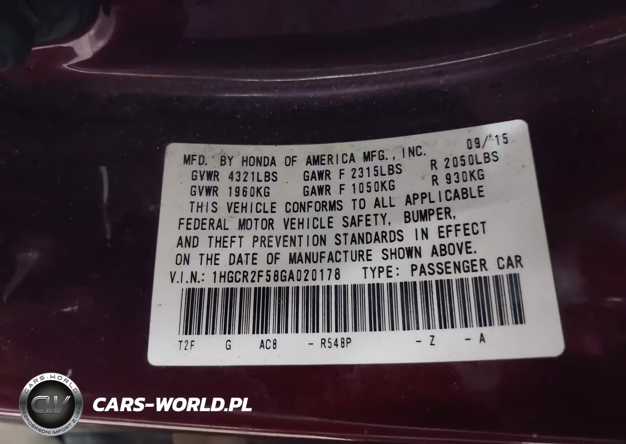 2016 Honda Accord Sport VIN:1HGCR2F58GA020178 - 9