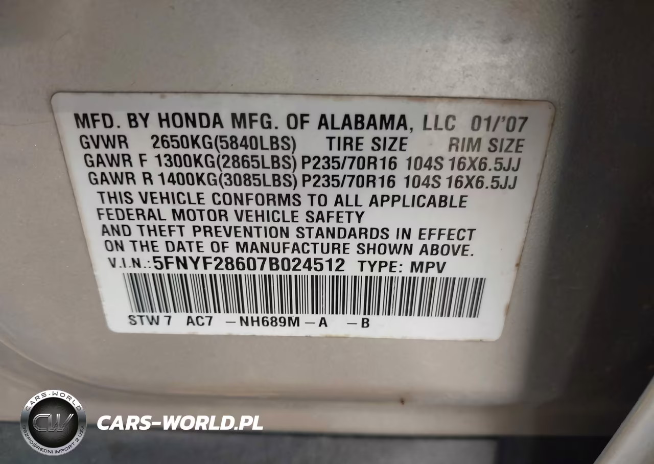 2007 Honda Pilot Ex-L VIN:5FNYF28607B024512 - 9