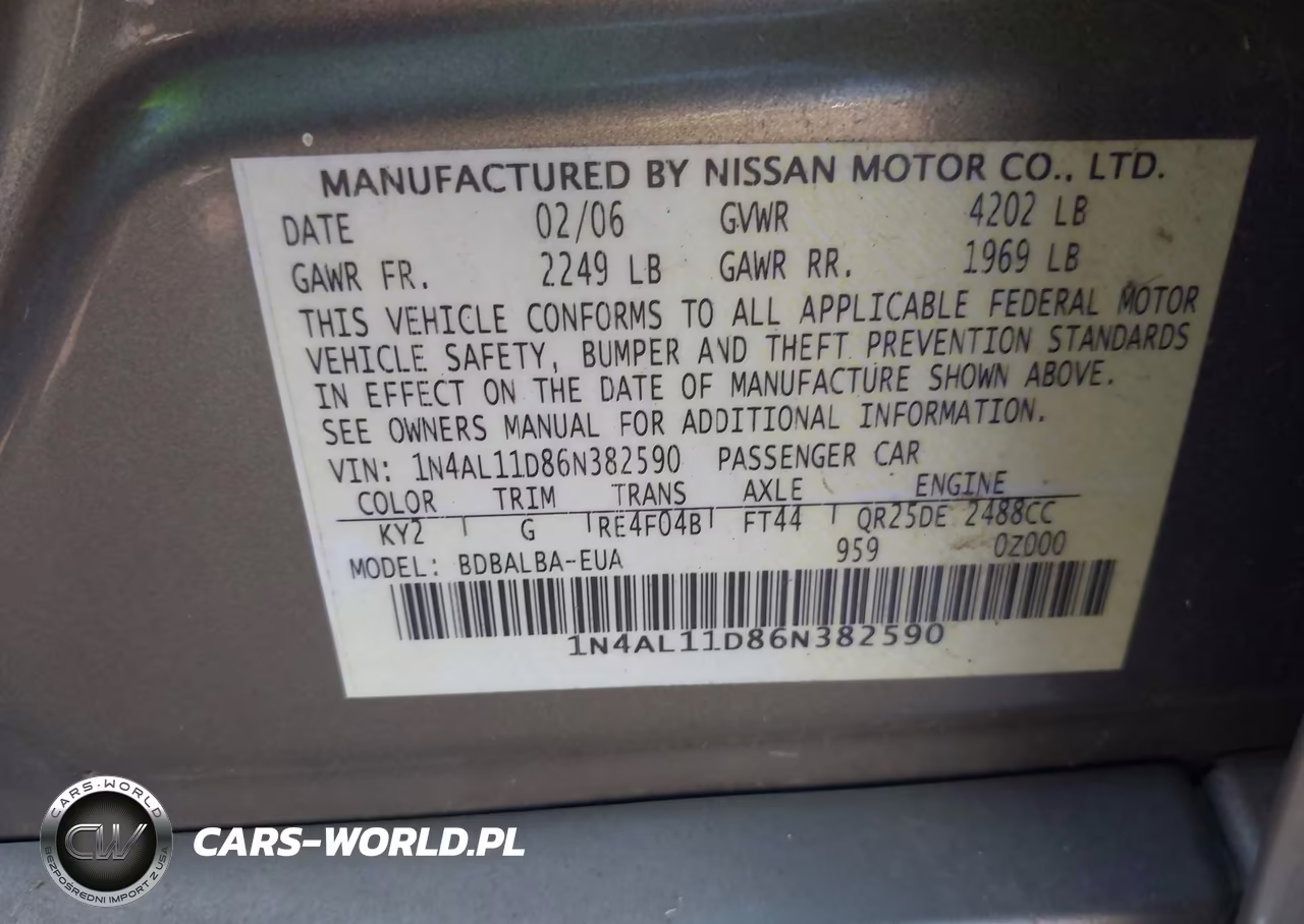 2006 Nissan Altima 2.5 S VIN:1N4AL11D86N382590 - 9