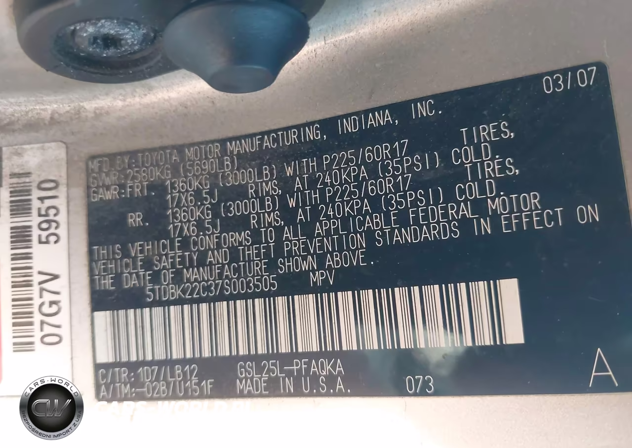 2007 Toyota Sienna Xle VIN:5TDBK22C37S003505 - 9