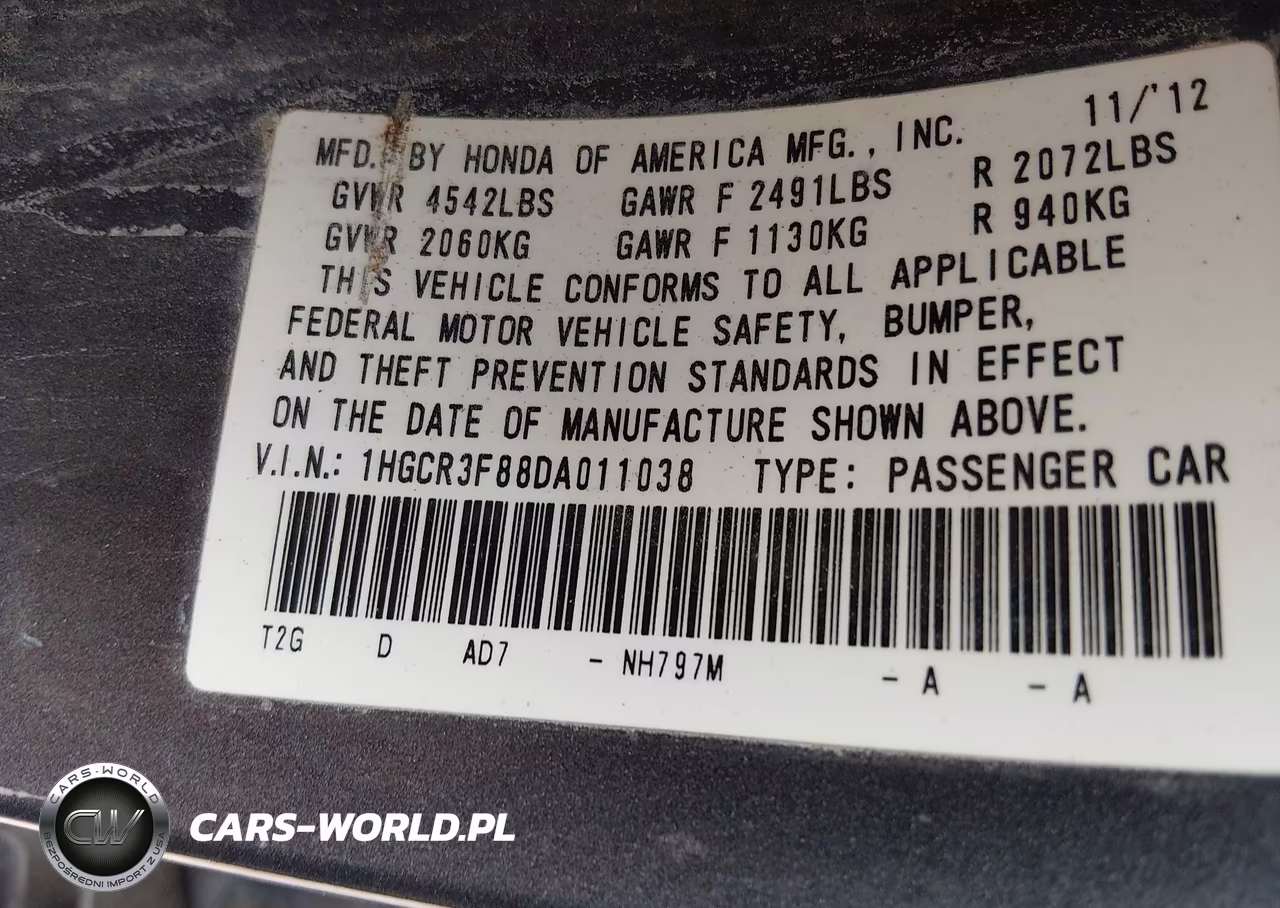 2013 Honda Accord Ex-L V-6 VIN:1HGCR3F88DA011038 - 9
