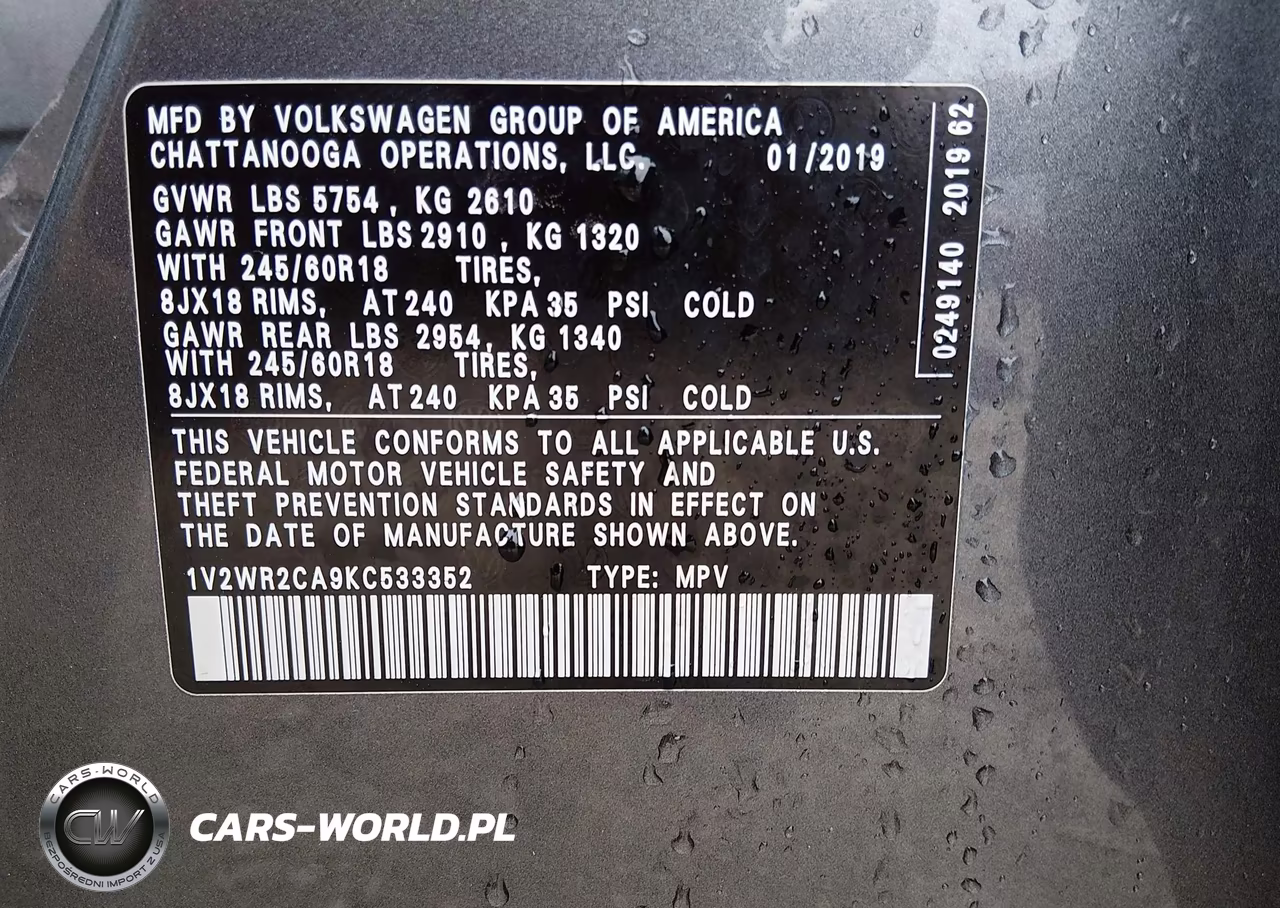 2019 Volkswagen Atlas 3.6L V6 Se W-Technology VIN:1V2WR2CA9KC533352 - 9
