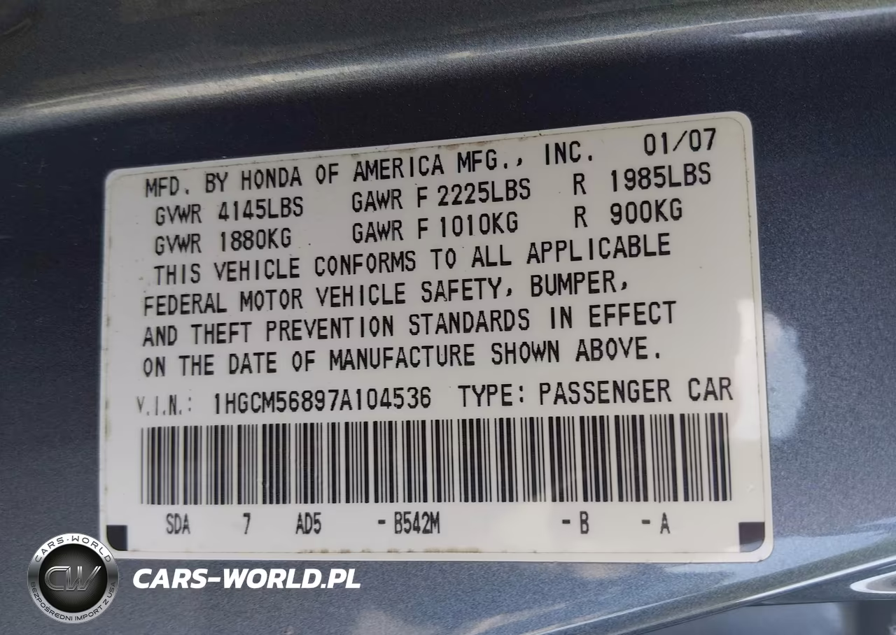 2007 Honda Accord 2.4 Ex VIN:1HGCM56897A104536 - 9