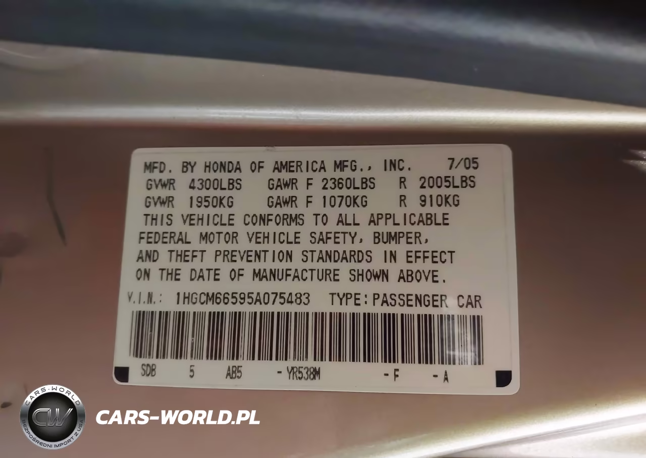 2005 Honda Accord 3.0 Ex VIN:1HGCM66595A075483 - 9