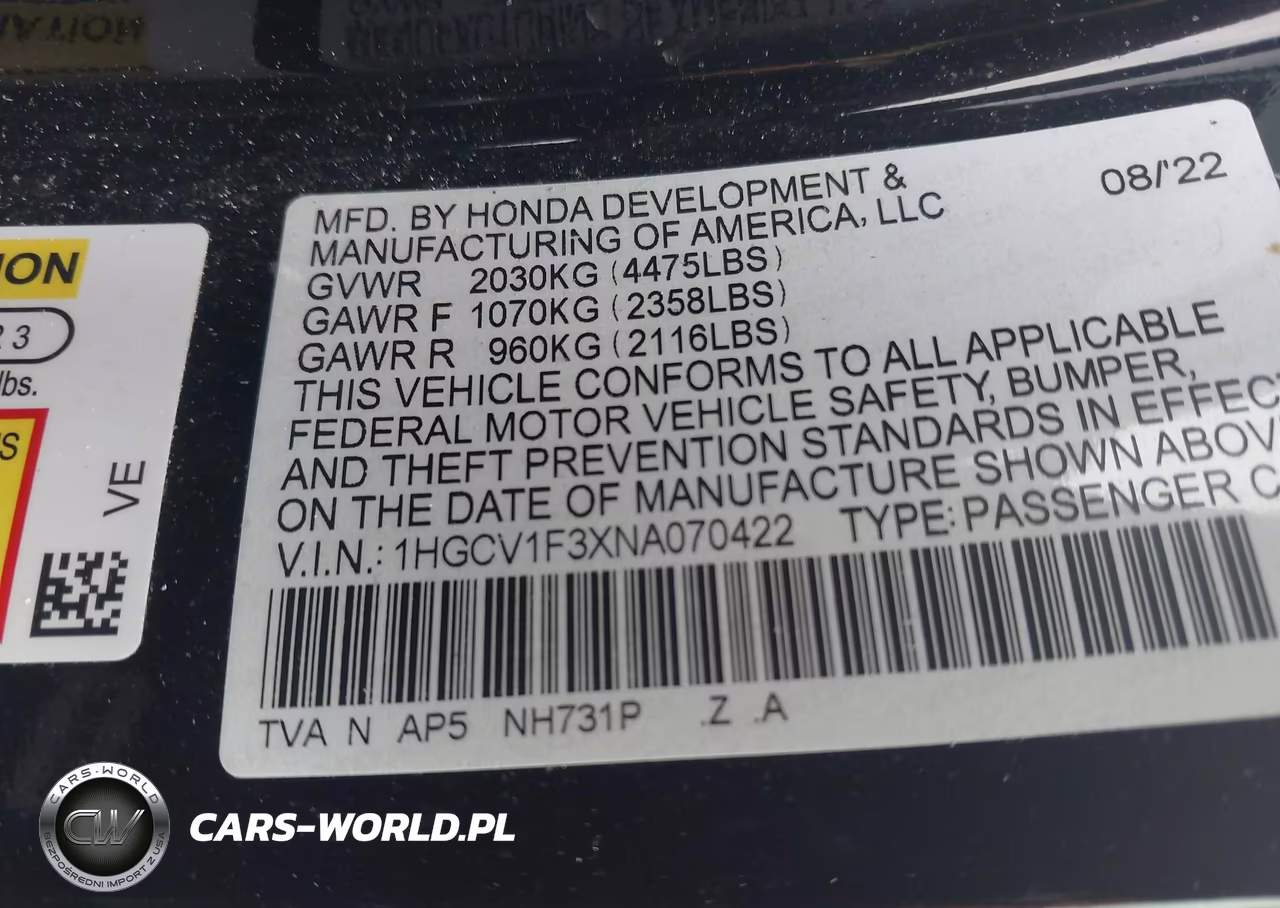 2022 Honda Accord Sport VIN:1HGCV1F3XNA070422 - 9