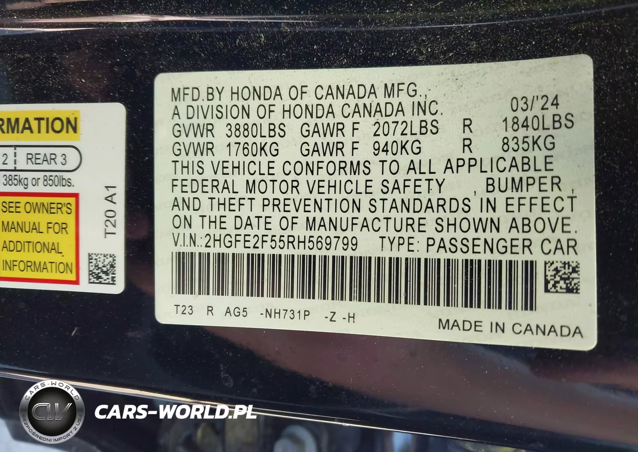 2024 Honda Civic Sport VIN:2HGFE2F55RH569799 - 9