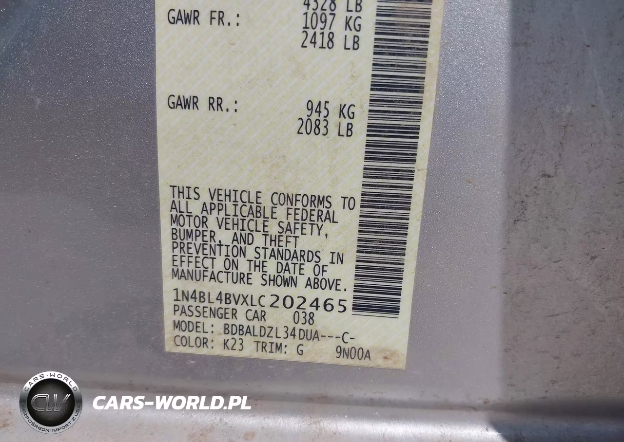 2020 Nissan Altima S Fwd VIN:1N4BL4BVXLC202465 - 9