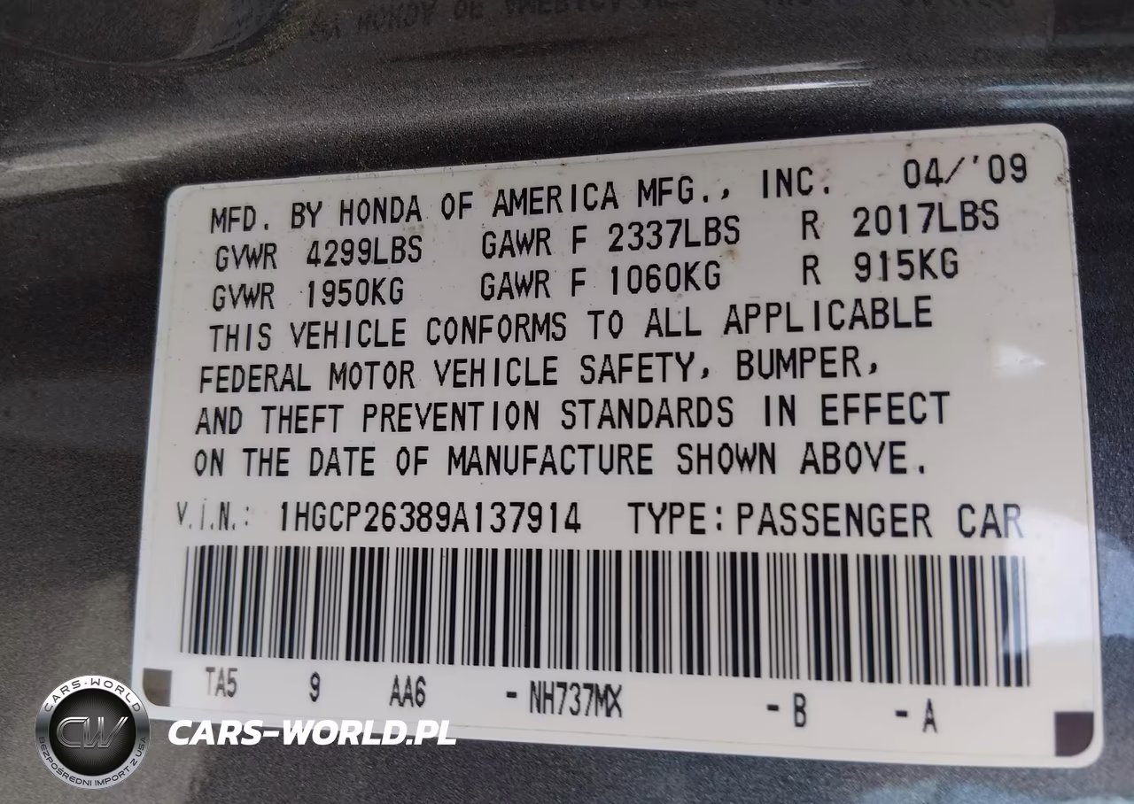 2009 Honda Accord 2.4 Lx VIN:1HGCP26389A137914 - 9