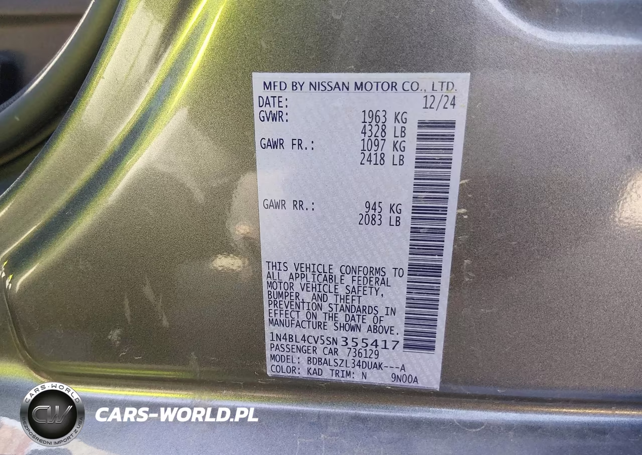 2025 Nissan Altima Sr Fwd VIN:1N4BL4CV5SN355417 - 9