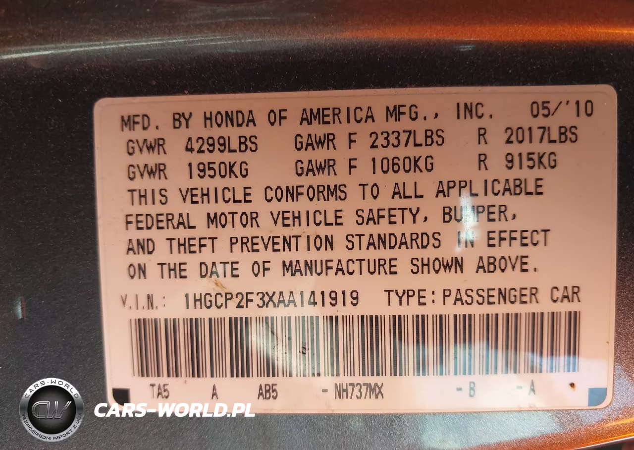 2010 Honda Accord 2.4 Lx VIN:1HGCP2F3XAA141919 - 9