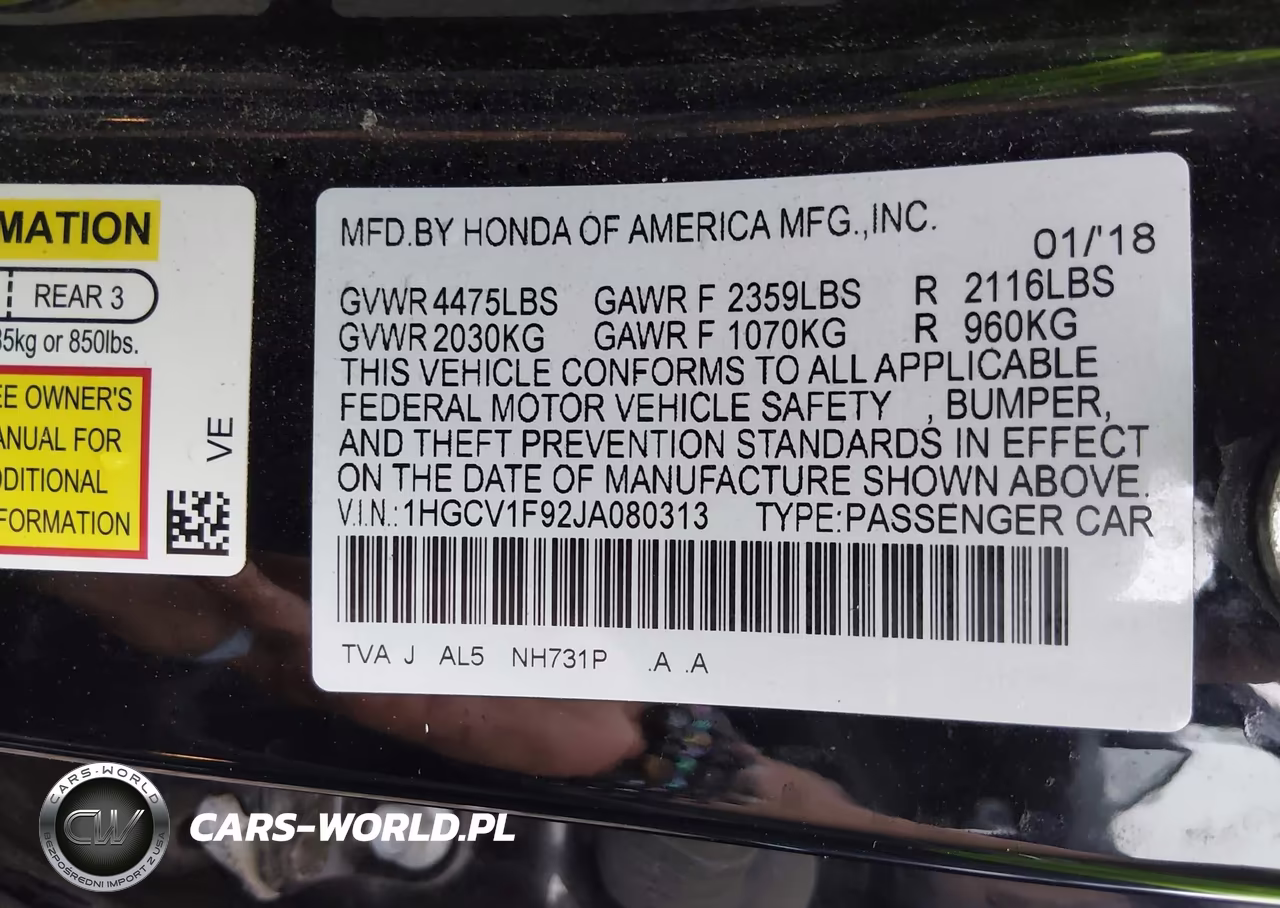2018 Honda Accord Touring VIN:1HGCV1F92JA080313 - 9