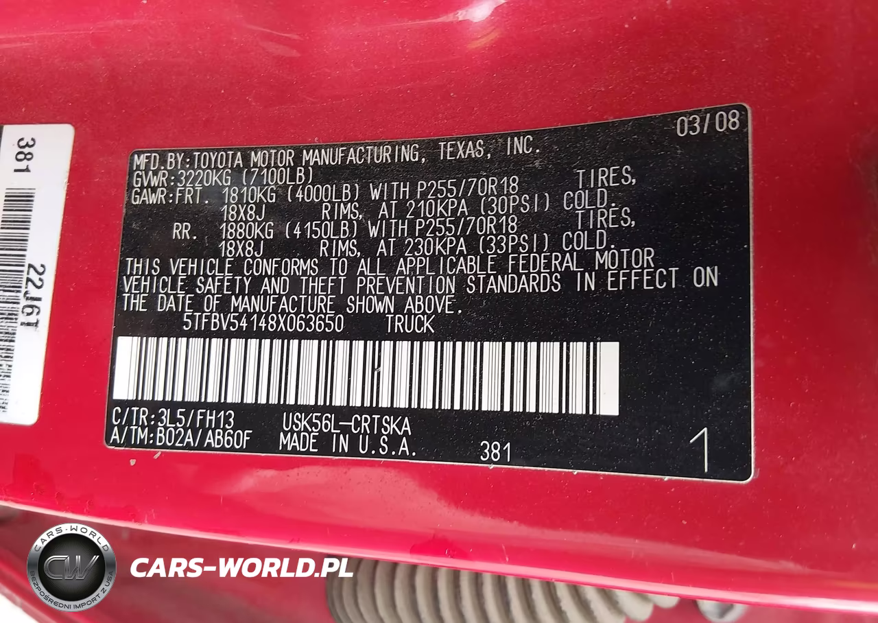 2008 Toyota Tundra Base 5.7L V8 VIN:5TFBV54148X063650 - 9