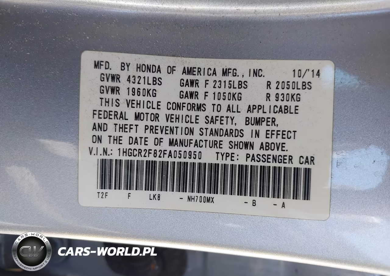 2015 Honda Accord Ex-L VIN:1HGCR2F82FA050950 - 9
