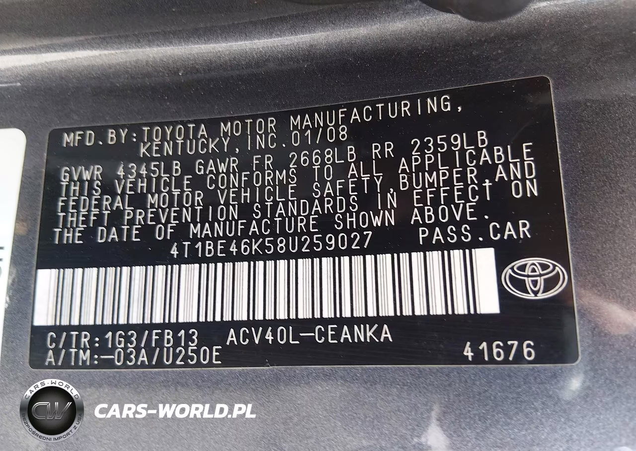2008 Toyota Camry Le VIN:4T1BE46K58U259027 - 9