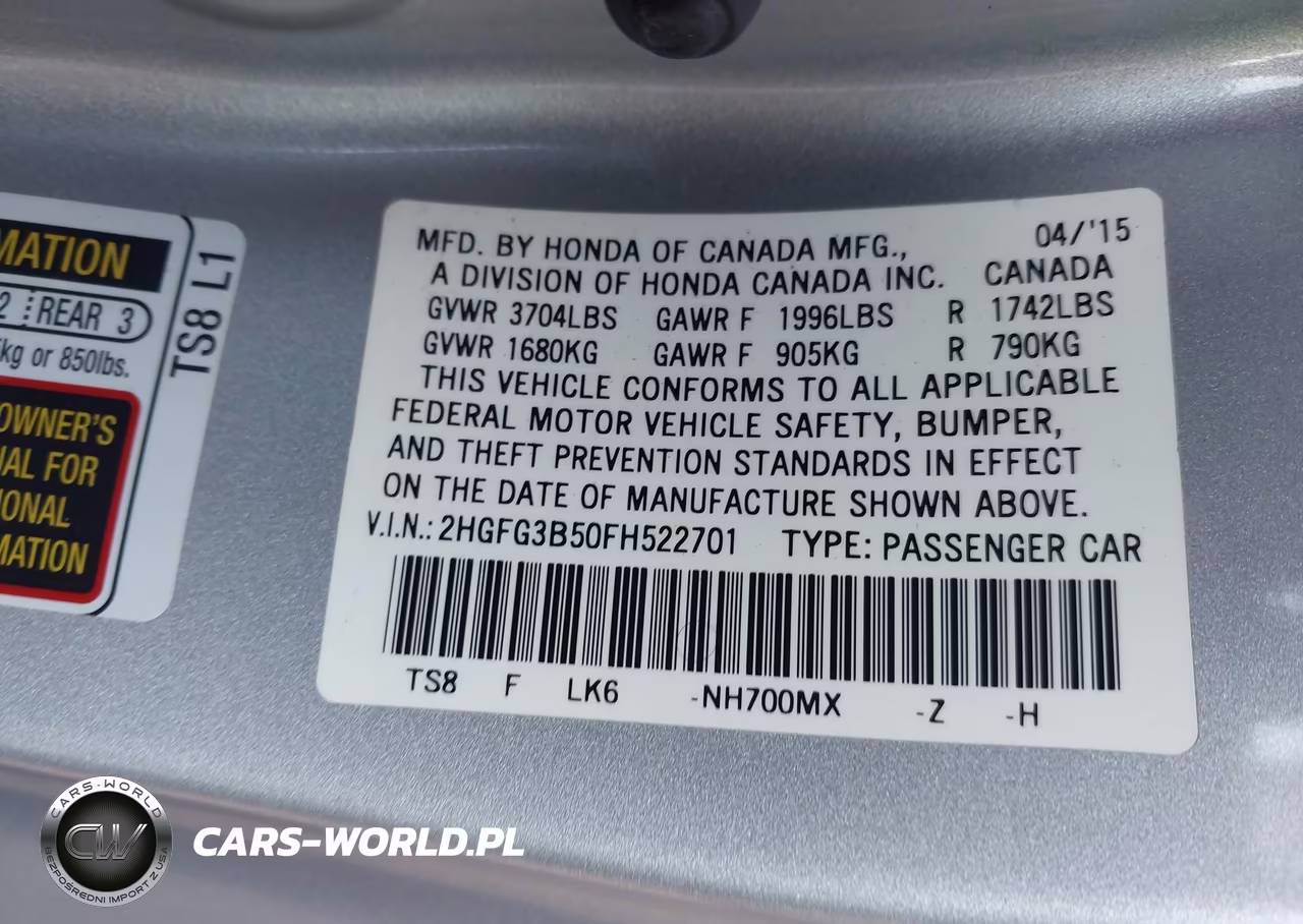 2015 Honda Civic Lx VIN:2HGFG3B50FH522701 - 9