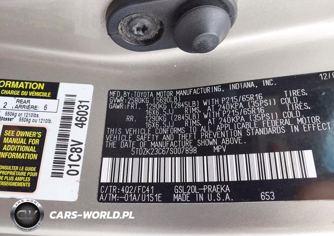 2007 Toyota Sienna Le VIN:5TDZK23C67S007898 - 9