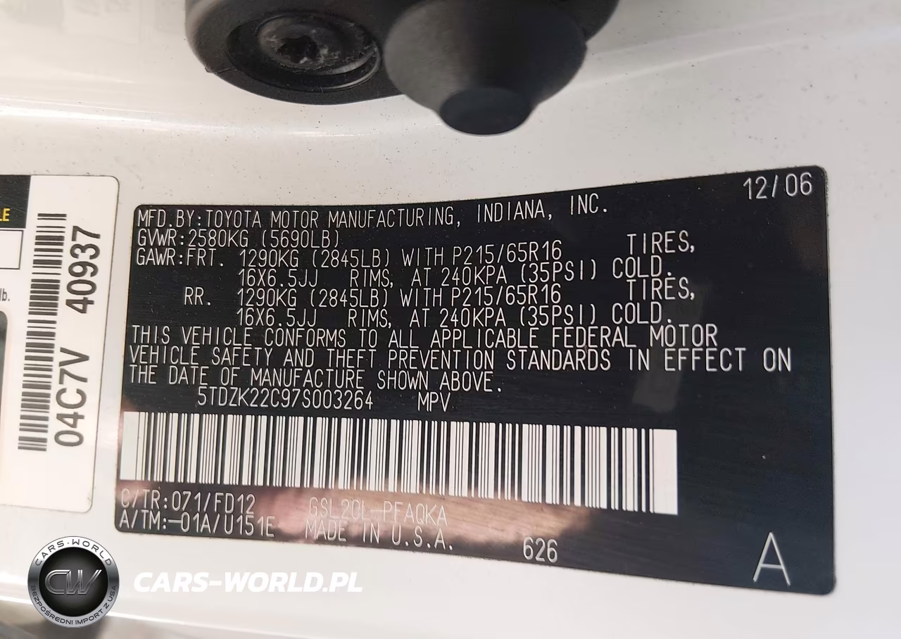 2007 Toyota Sienna Xle VIN:5TDZK22C97S003264 - 9