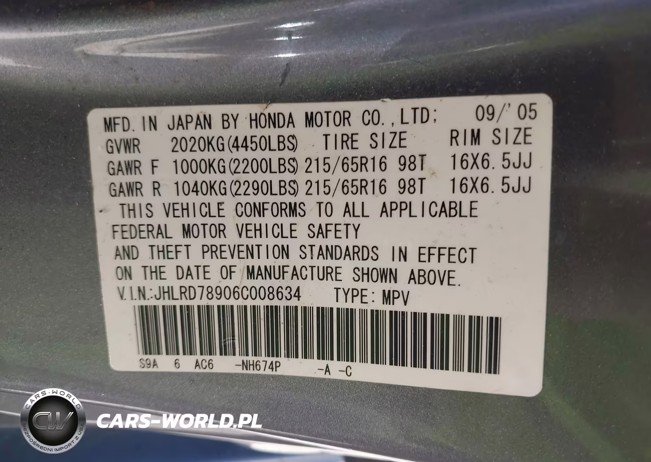 2006 Honda Cr-V Se VIN:JHLRD78906C008634 - 9