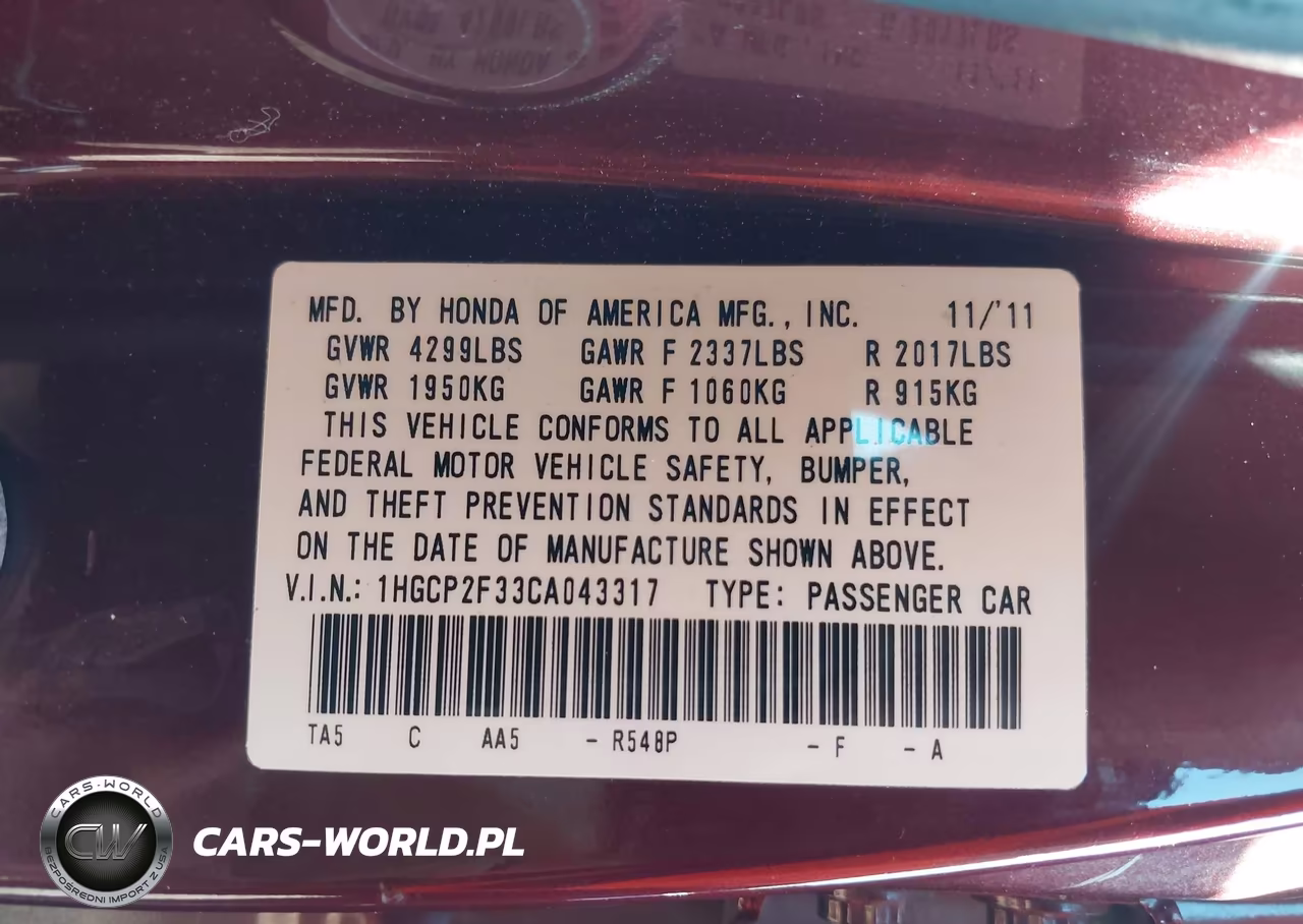 2012 Honda Accord 2.4 Lx VIN:1HGCP2F33CA043317 - 9