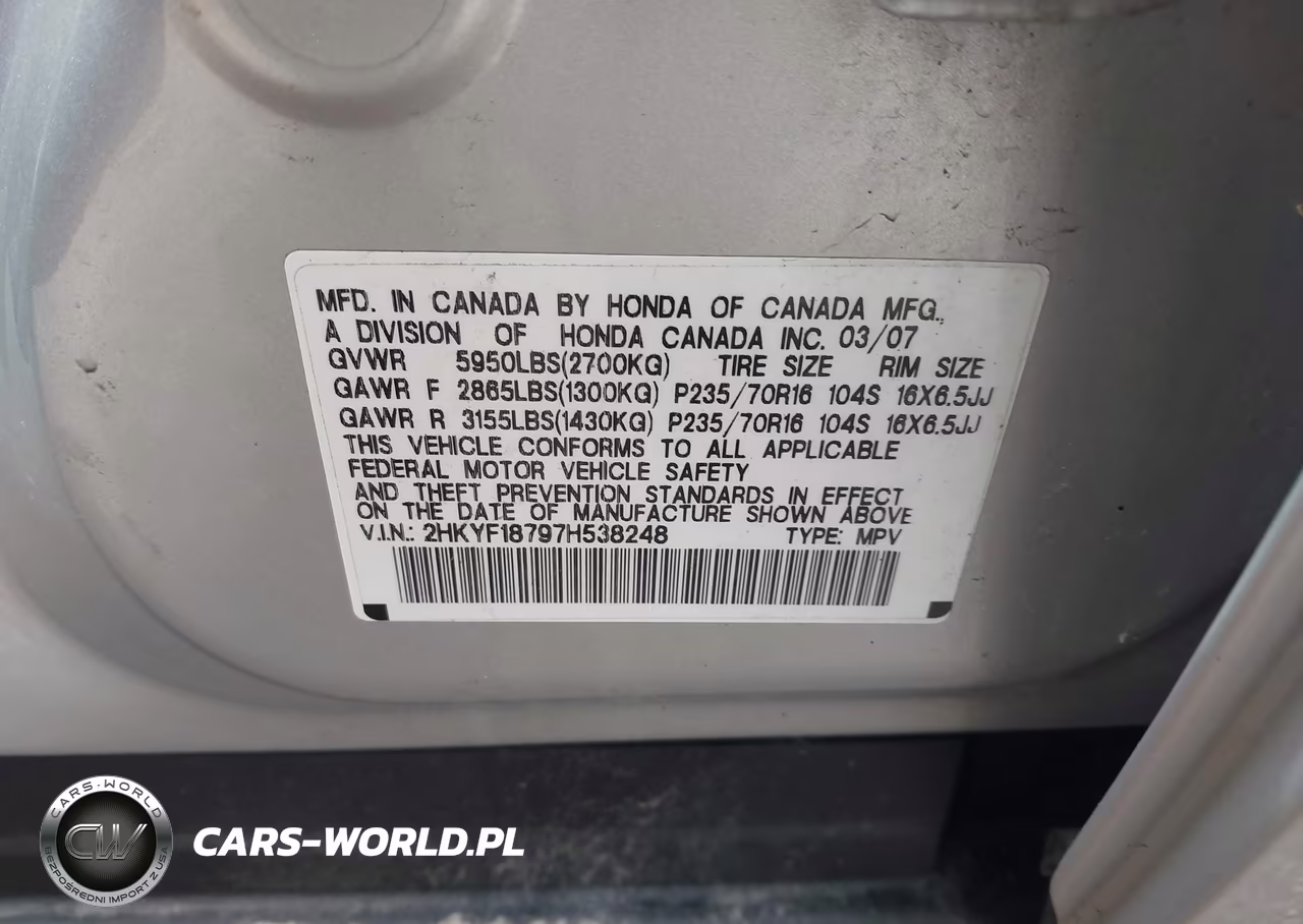 2007 Honda Pilot Ex-L VIN:2HKYF18797H538248 - 9