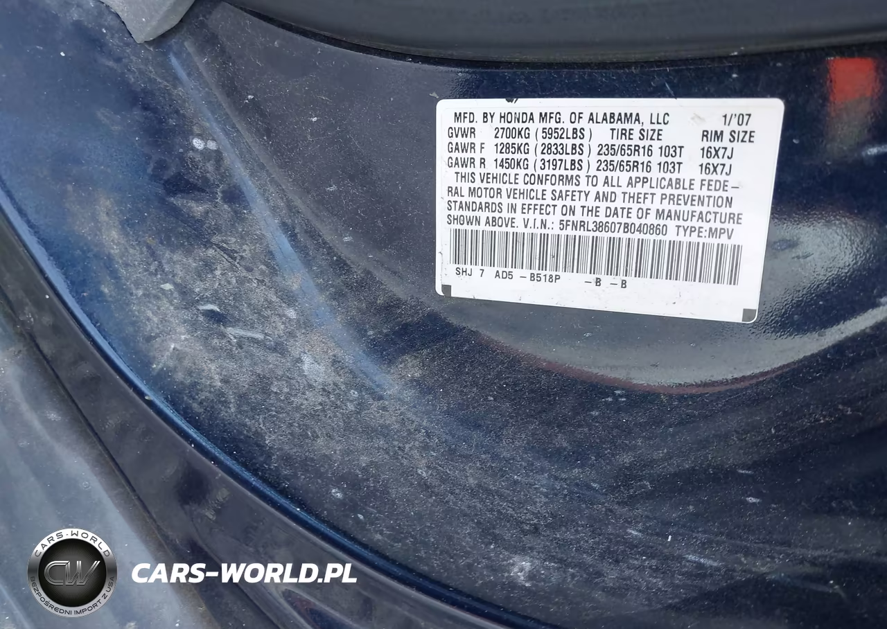 2007 Honda Odyssey Ex-L VIN:5FNRL38607B040860 - 9