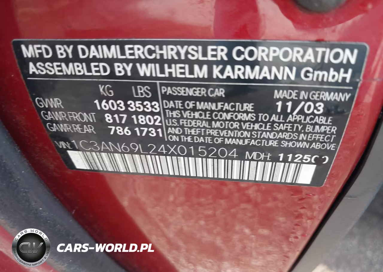 2004 Chrysler Crossfire VIN:1C3AN69L24X015204 - 9