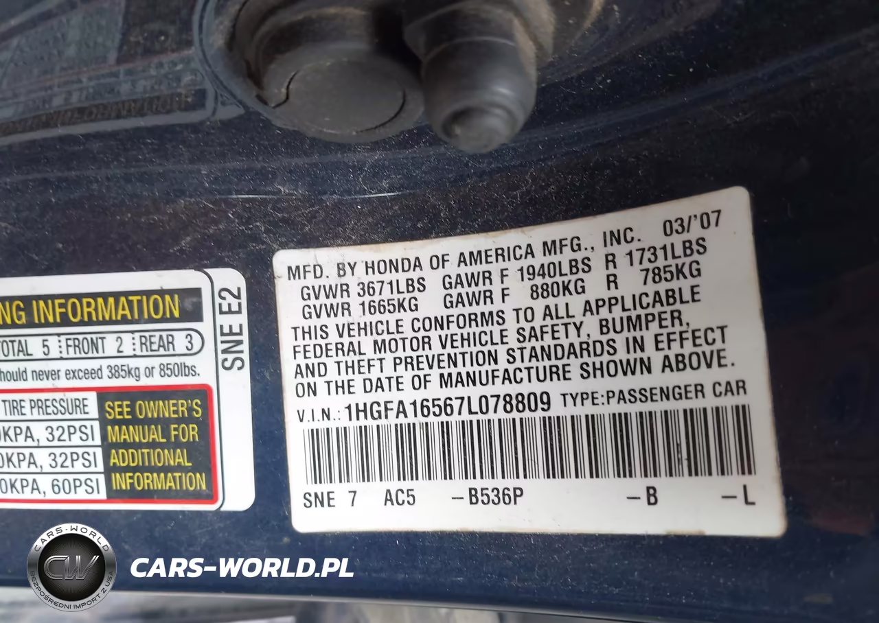 2007 Honda Civic Lx VIN:1HGFA16567L078809 - 9