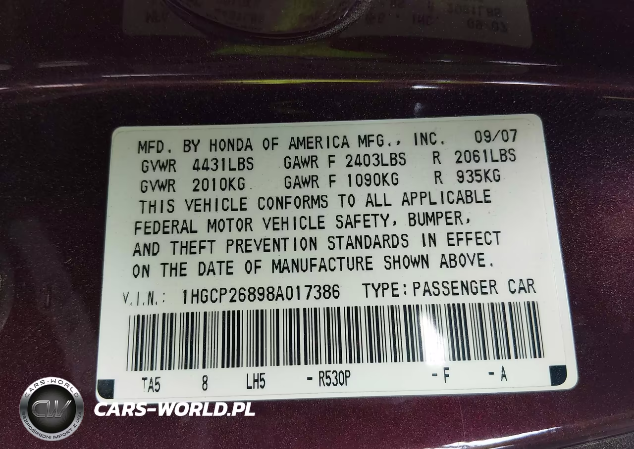 2008 Honda Accord 2.4 Ex-L VIN:1HGCP26898A017386 - 9