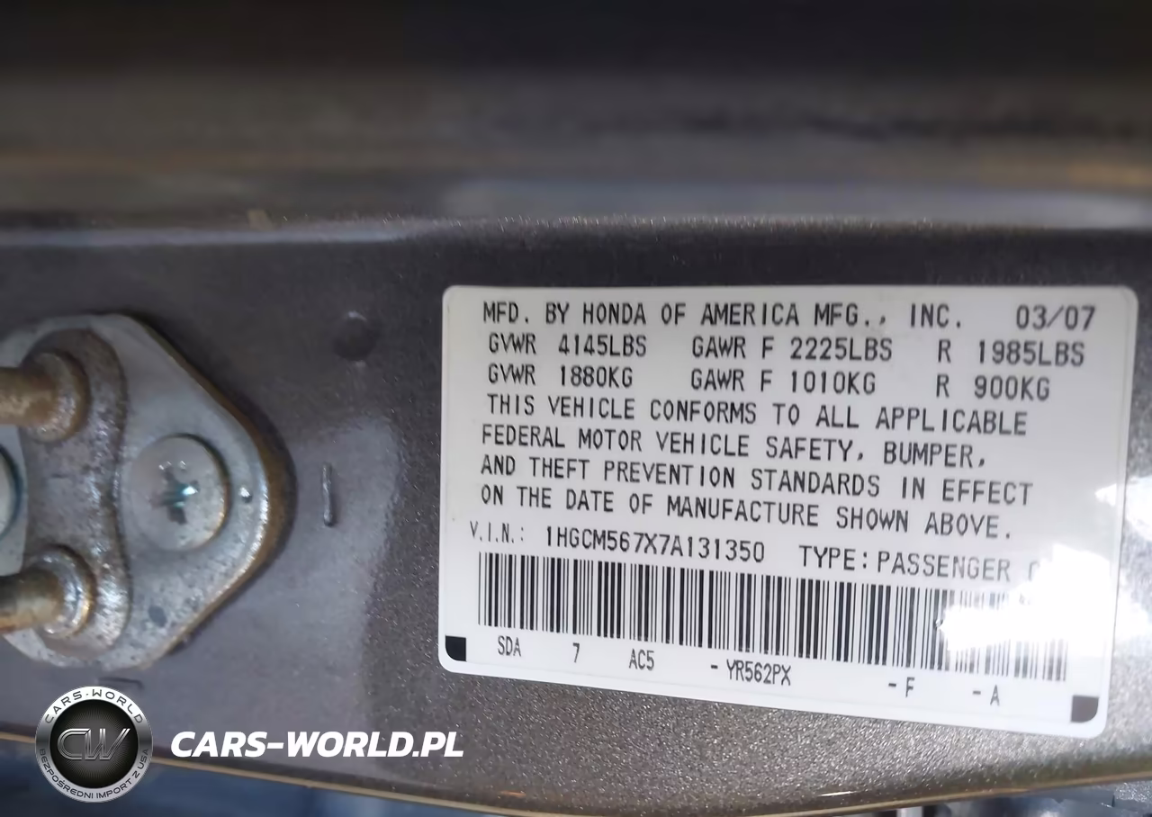 2007 Honda Accord 2.4 Ex VIN:1HGCM567X7A131350 - 9