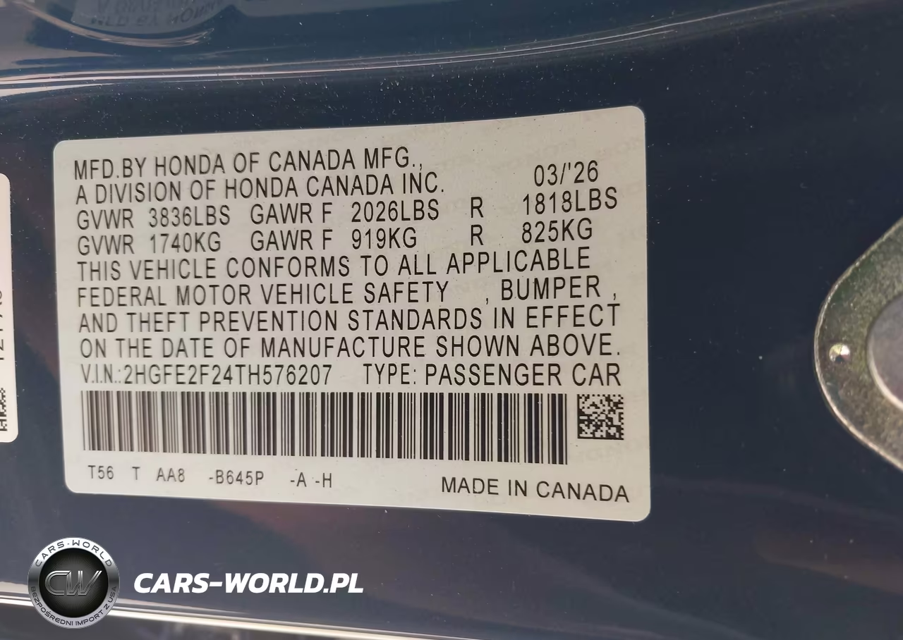 2026 Honda Civic Lx VIN:2HGFE2F24TH576207 - 9
