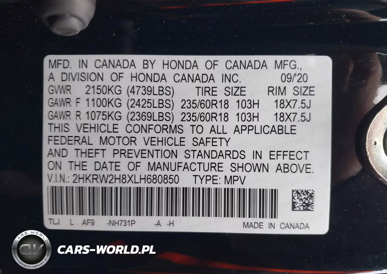2020 Honda Cr-V Awd Ex-L VIN:2HKRW2H8XLH680850 - 9