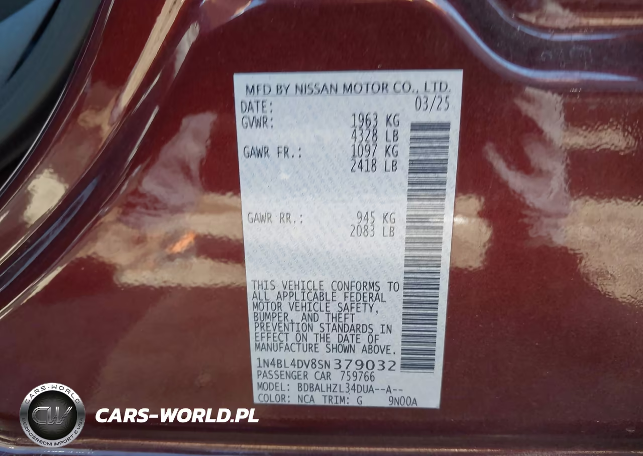 2025 Nissan Altima Sv Fwd VIN:1N4BL4DV8SN379032 - 9