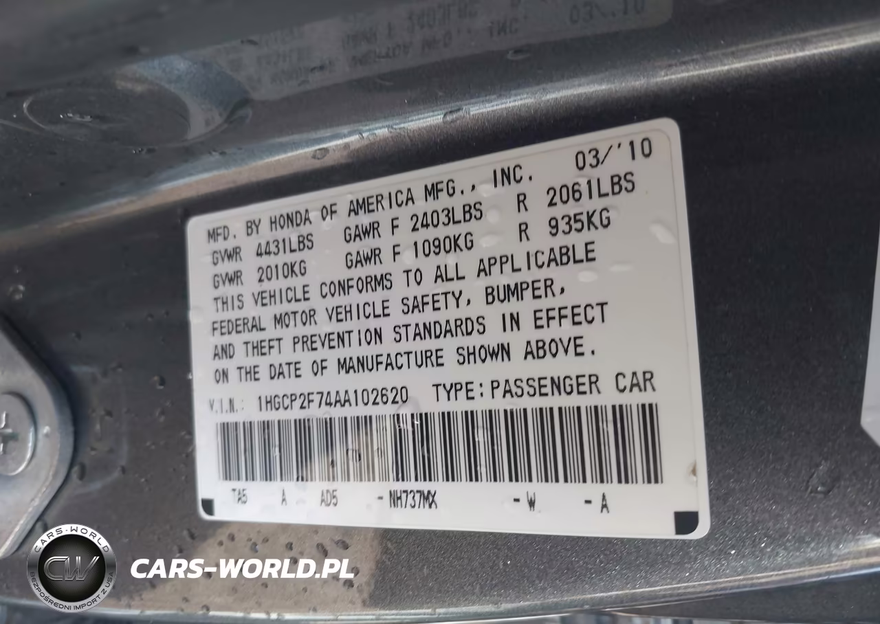 2010 Honda Accord 2.4 Ex VIN:1HGCP2F74AA102620 - 9
