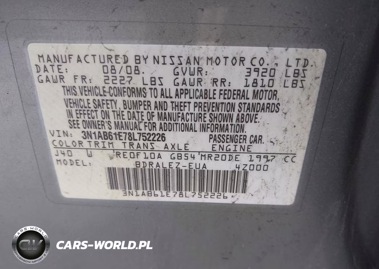 2008 Nissan Sentra 2.0 S VIN:3N1AB61E78L752226 - 9