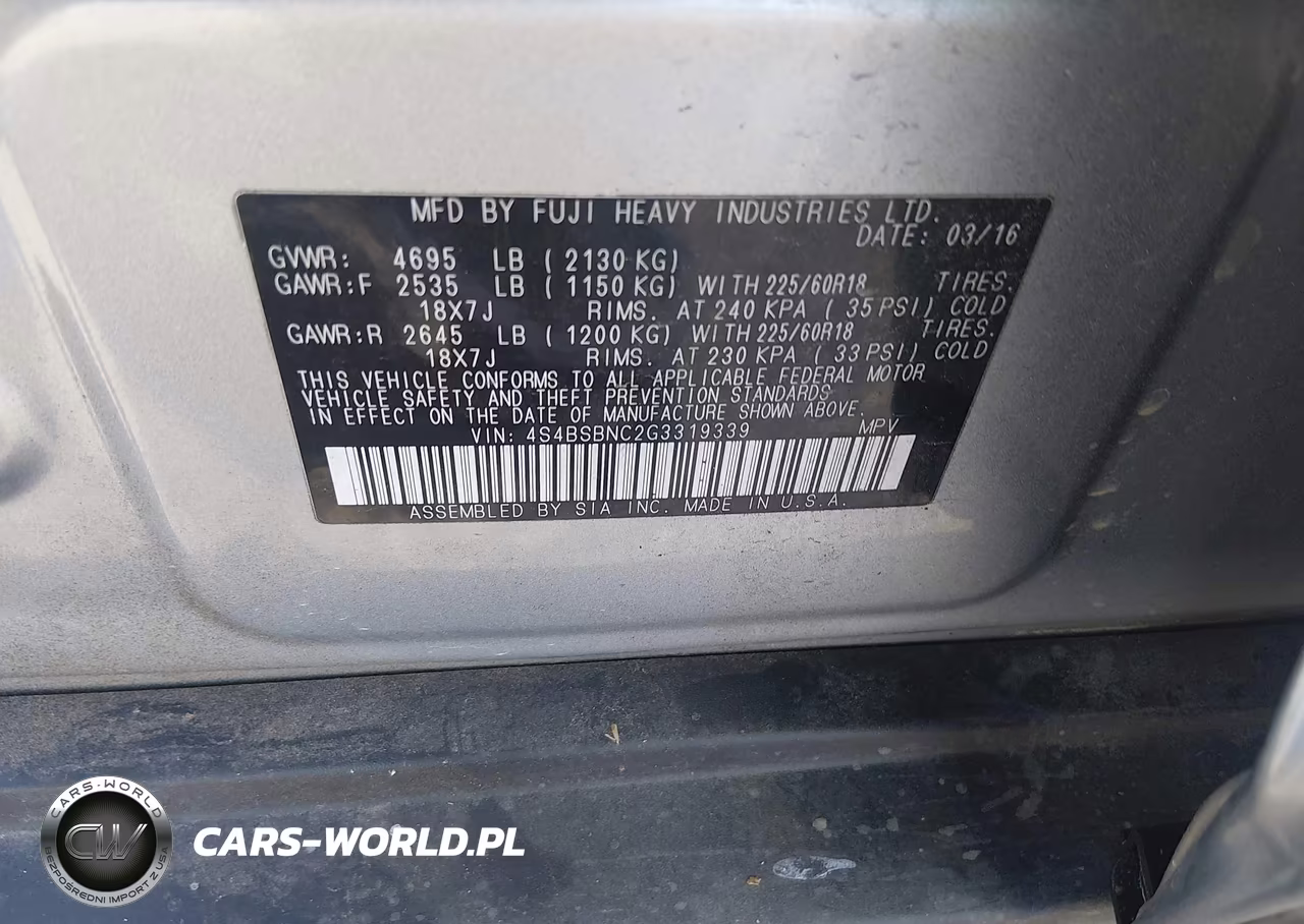 2016 Subaru Outback 2.5I Limited VIN:4S4BSBNC2G3319339 - 9