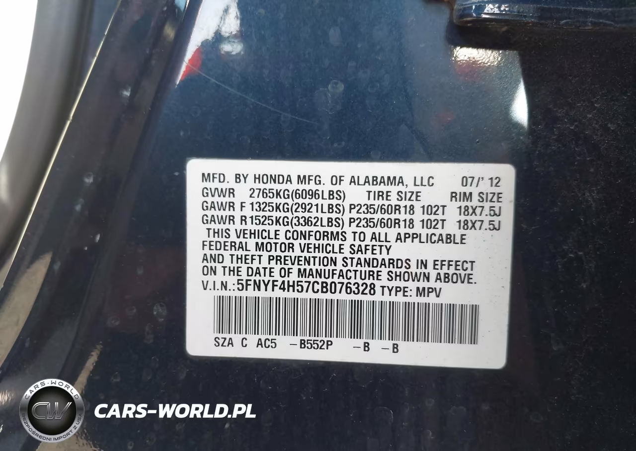 2012 Honda Pilot Ex-L VIN:5FNYF4H57CB076328 - 9