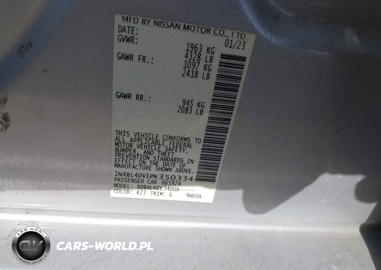 2023 Nissan Altima Sv VIN:1N4BL4DV1PN350334 - 9