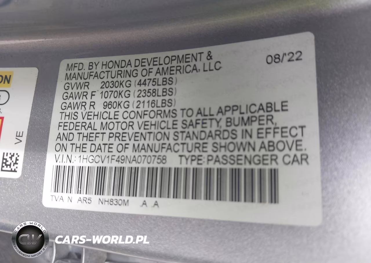 2022 Honda Accord Sport Se VIN:1HGCV1F49NA070758 - 9